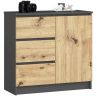 Komoda K80 JERRY CLP, 1 drzwi i 3 szuflady, szary/dąb, 80 × 77 × 35 cm