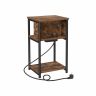 Bedside table with power socket and USB ports, vintage brown - black