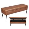 Leather pouf with storage compartment and metal legs, brown