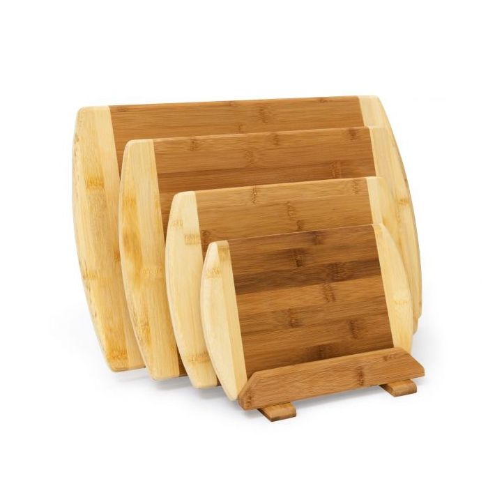 Set of 4 cutting boards and stand, light brown