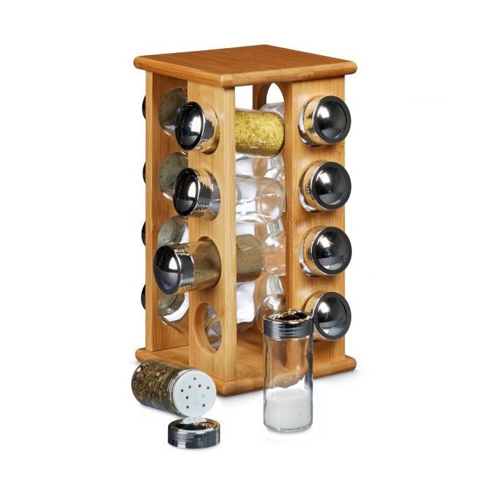Spice rack with 16 clear glasses 30x19.5x19.5cm., light brown/silver color