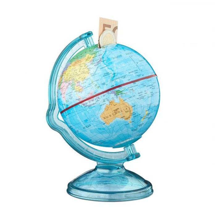 Money box "Globe" 16.5x14x14cm., light blue/yellow/red colors