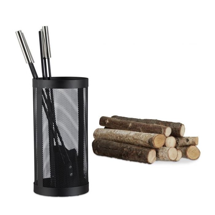 Zestaw 4 narzędzi kominkowych ze stojakiem 35x17x17cm, czarno-srebrny