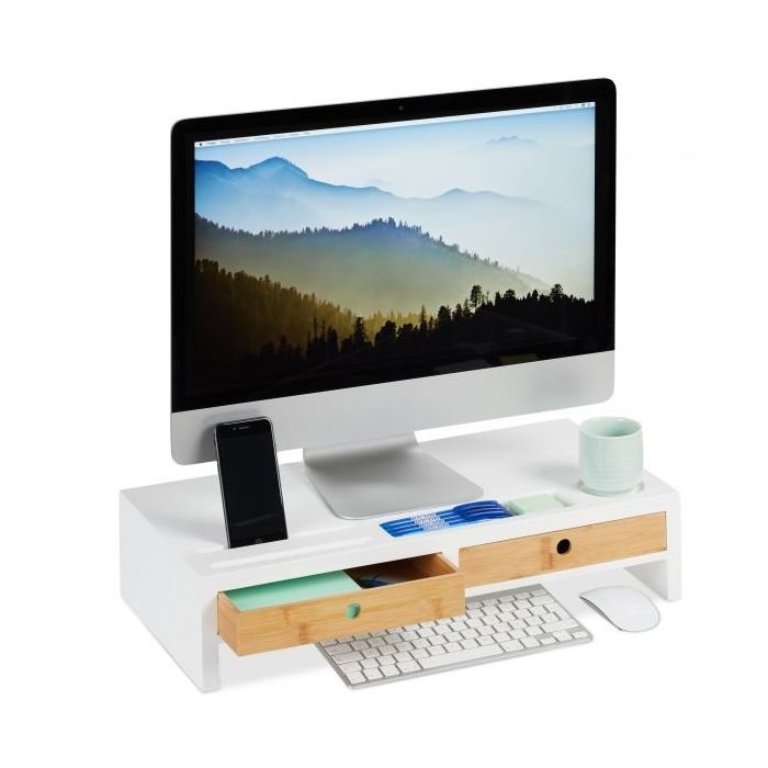 Podstawka pod monitor z szufladami 12x55,5x27cm, jasnobrązowa/biała