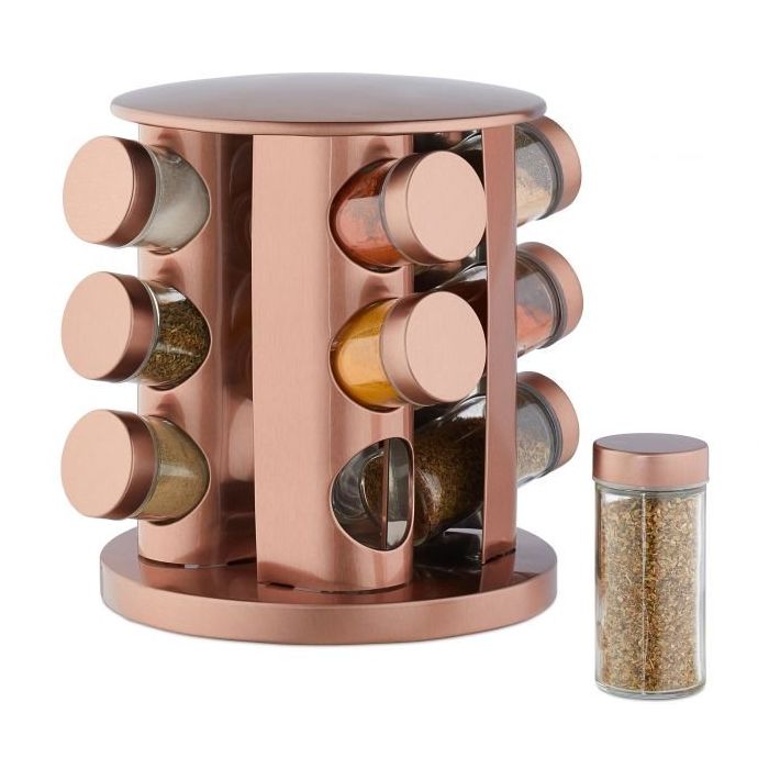 Spice rack with 12 clear glasses 22.5x22cm., copper color