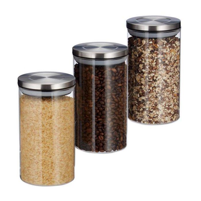 Zestaw 3 przezroczystych pojemników na produkty luzem 18x9,5cm, 1L., kolor srebrny