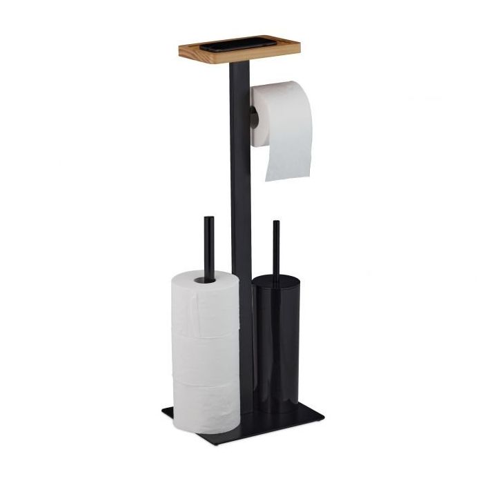 Toilet paper holder with toilet brush and shelf 73x25x20cm., black/light brown