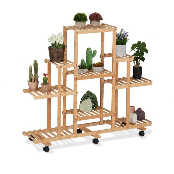 Flower stand on wheels with 9 shelves 103x120x35.5cm., light brown/black