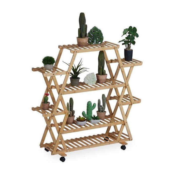 Flower stand on wheels with 8 shelves 110x114x36cm., light brown/black