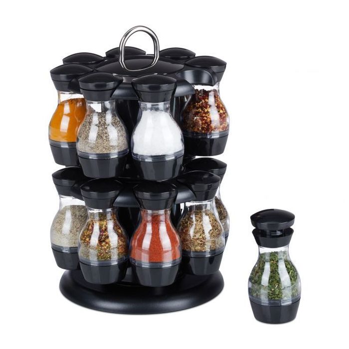 Spice rack with 16 clear glasses 29x19cm., black/silver color