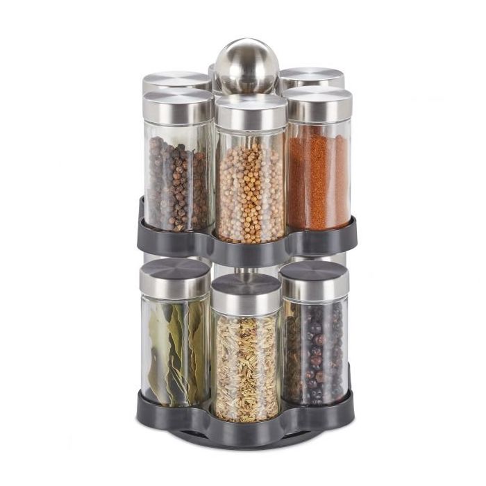 Spice rack with 12 clear glasses 25.5x14cm., black/silver color