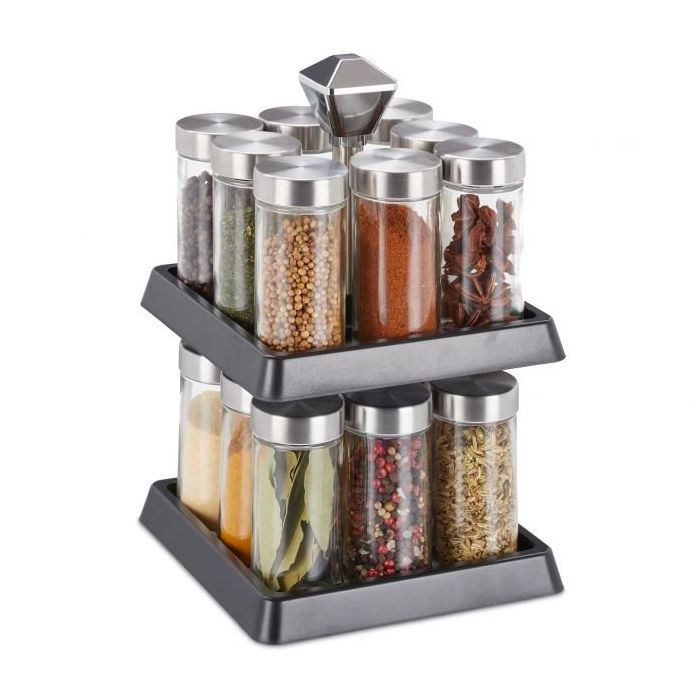 Spice rack with 16 transparent glasses 27x16.5x16.5cm., black/silver color