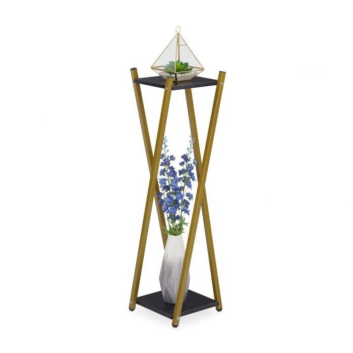 Flower stand with 2 shelves 99x29x29cm., gold/black