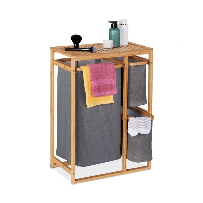 Bathroom shelf with laundry basket 70x50x30.5cm., light brown/gray