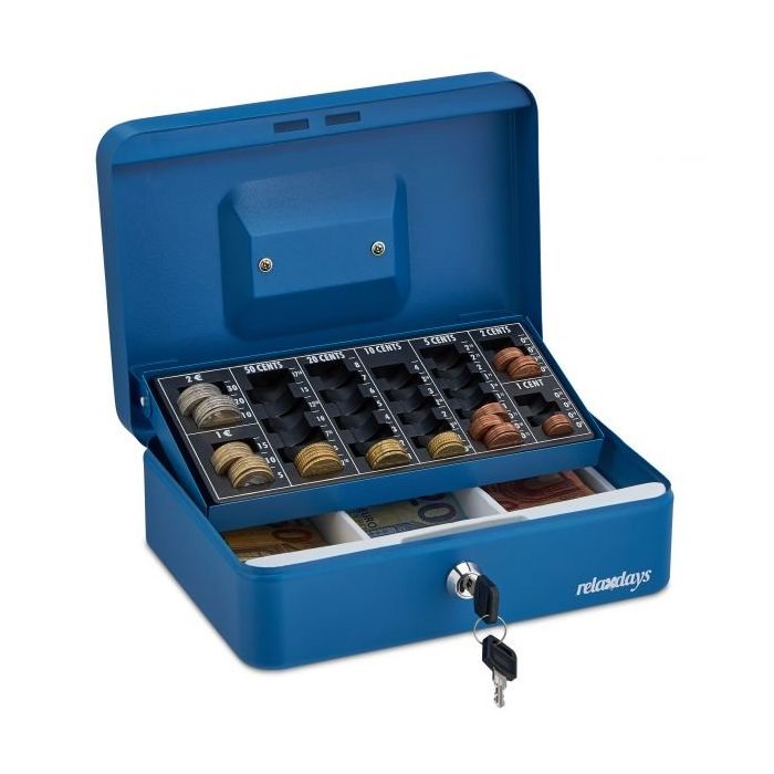 Cash box with coin counting board, blue