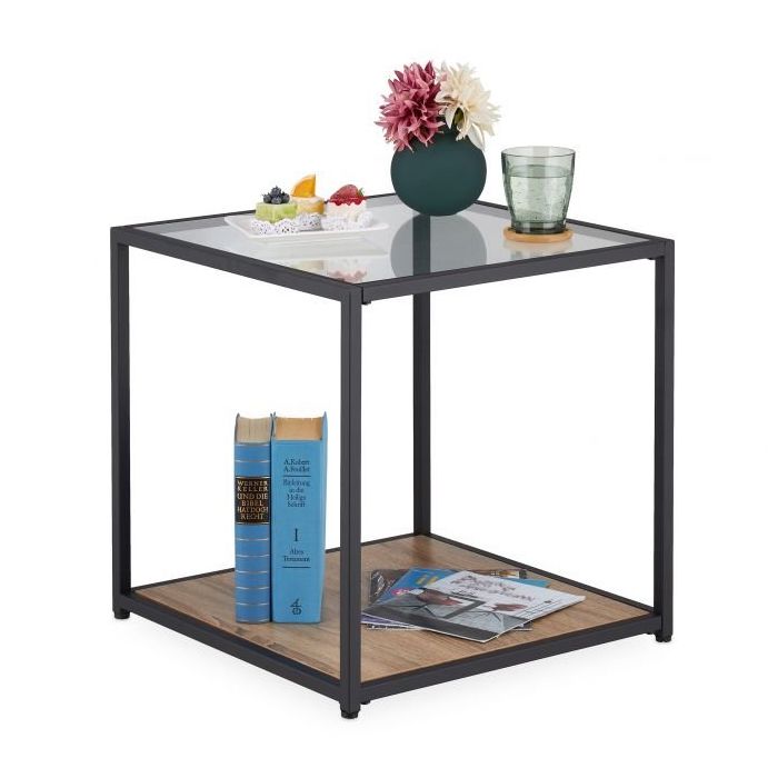 Transparent side table with shelf 50x50x50cm., black/light brown