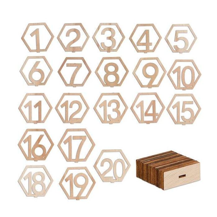 Zestaw 20 sześciokątnych podstawek stołowych z drewna "Numery" 10x11x2,5 cm, jasnobrązowy