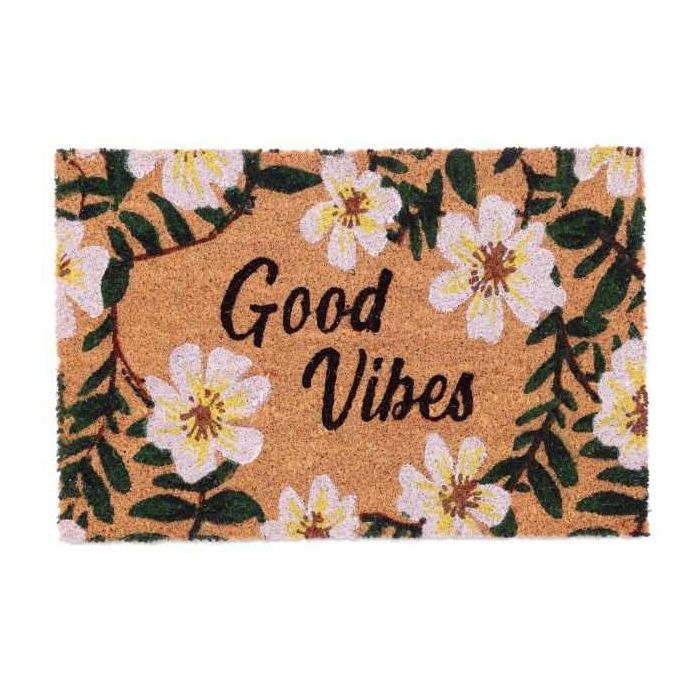 Doormat "Good Vibes" with flowers 60x40 cm., light brown/green/white