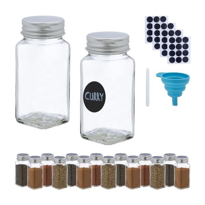 Set of 16 transparent spice jars 11x4x4cm., silver color