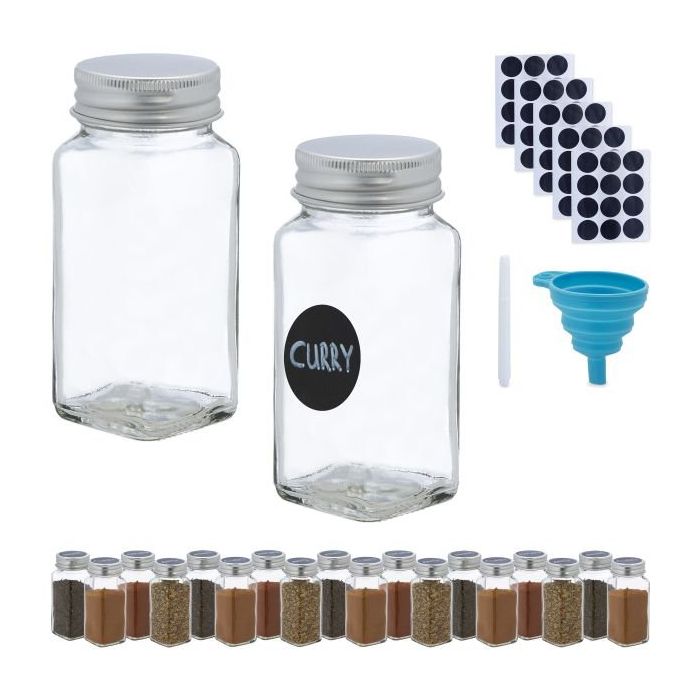 Set of 20 transparent spice jars 11x4x4cm., silver color