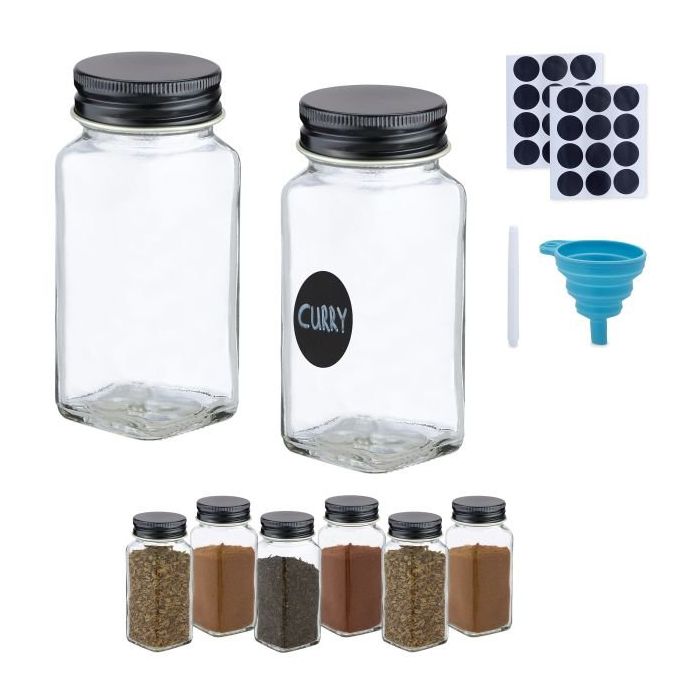 Set of 8 transparent spice jars 10.5x4.5x4.5cm., black