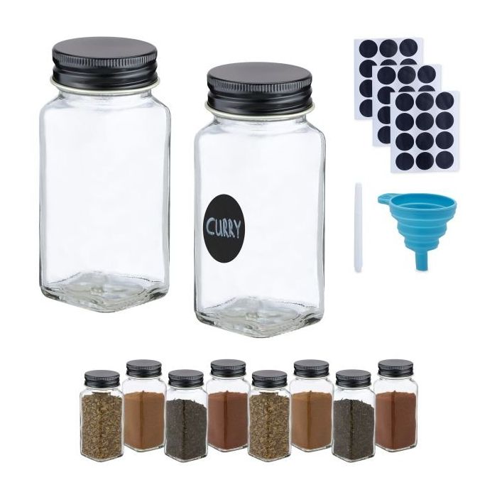 Set of 10 transparent spice jars 10.5x4.5x4.5cm., black