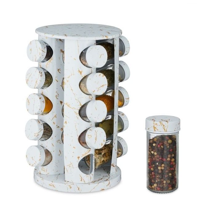 Spice rack with 20 clear glasses 33.5x19cm., white/gold color