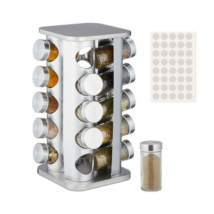 Spice rack with 20 transparent glasses 33.5x20x20cm., silver color