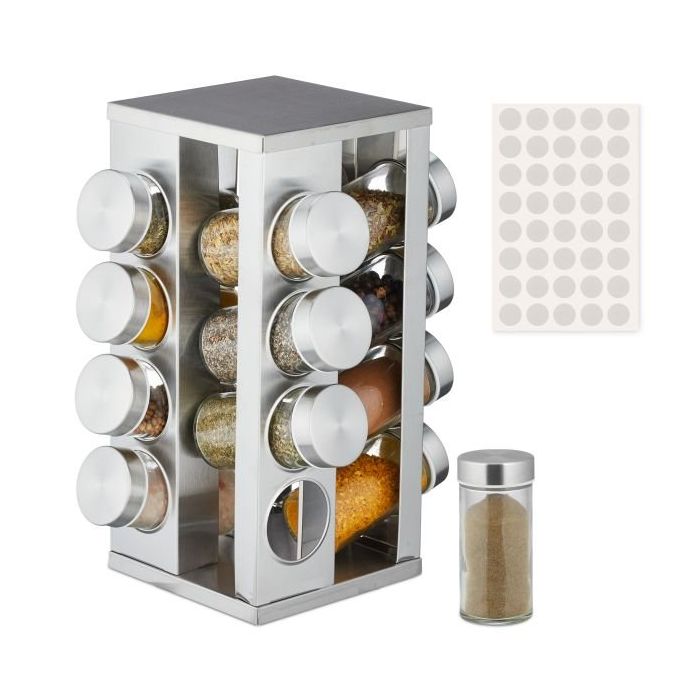 Spice rack with 16 transparent glasses 27.5x19.5x19.5cm., silver color