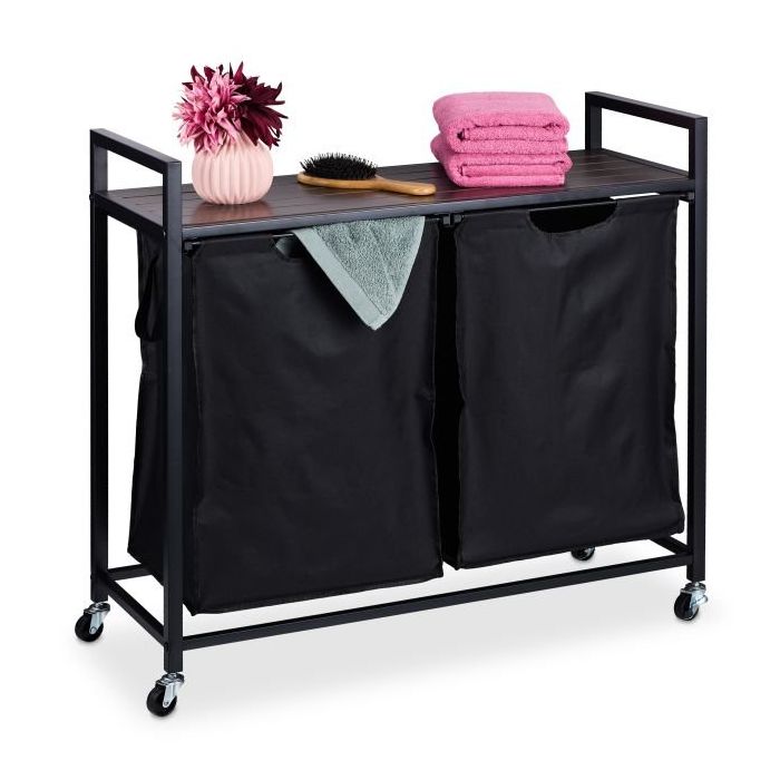 Bathroom shelf on wheels with laundry basket 75.5x80x33cm., dark brown/black