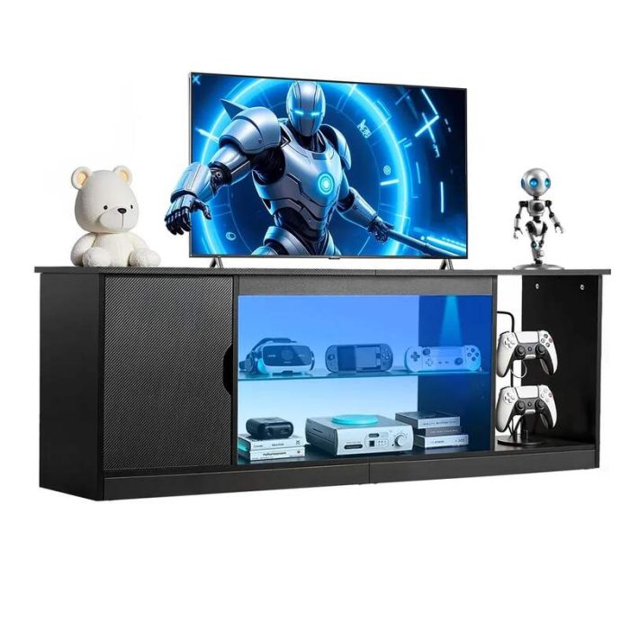 Drewniana szafka pod TV do 1651 mm z listwą świetlną, czarna