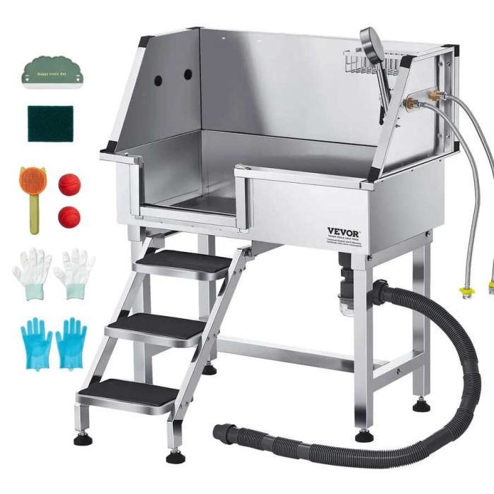 Dog washing station 86.4 cm, stainless steel tub with faucet and shower head