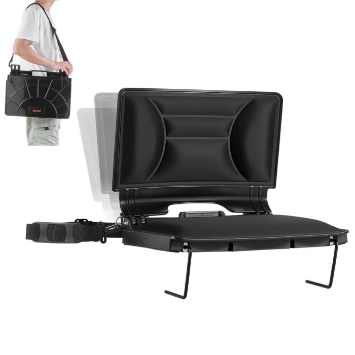 Foldable stadium seat with cushion, back support, shoulder strap and cup holder
