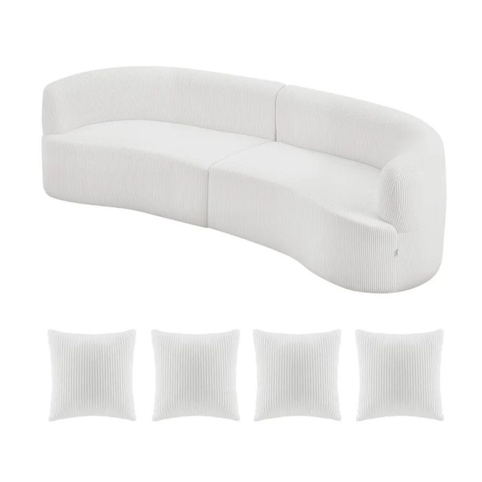 Wygięta modułowa sofa narożna w kolorze białym, 284 cm, z 4 poduszkami