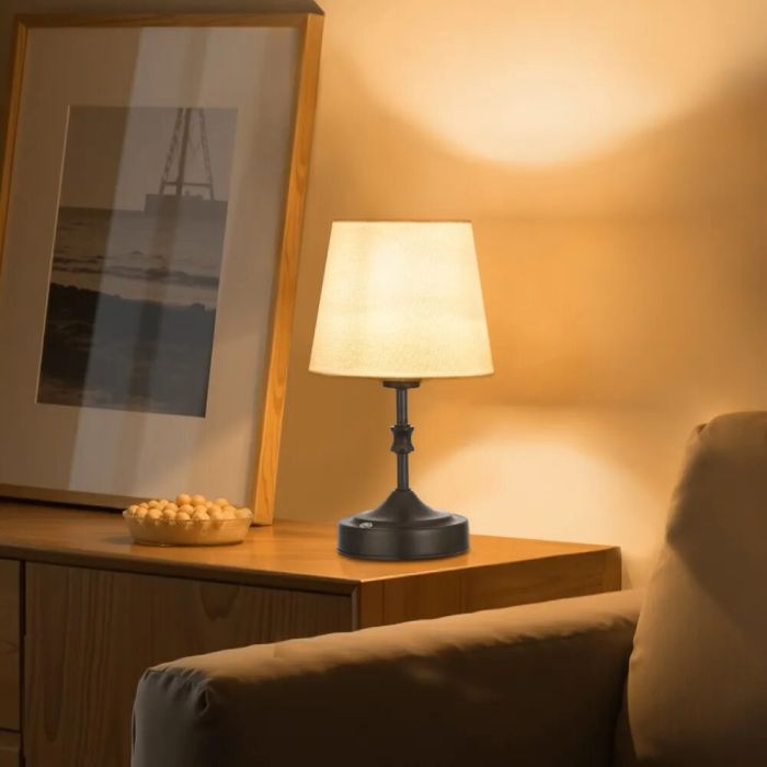Bezprzewodowa mała lampka stołowa, klosz z tkaniny, bateria 5200 mAh, czarna