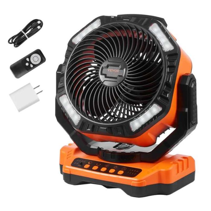 Przenośny wentylator akumulatorowy z oświetleniem LED, USB, 4 prędkości, timer, 330 mm