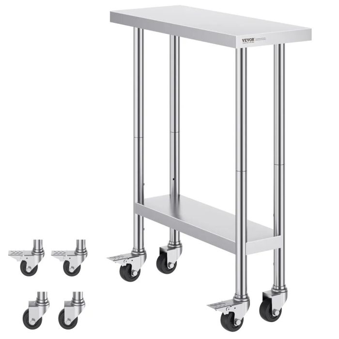 Stainless Steel Work Table, 30x12x38 Inch, 4 Casters, 3 Adjustable Heights, Silver, for Commercial Kitchen
