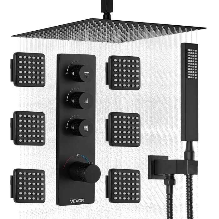 Thermostatic shower mixer set 406 mm, ceiling rain system, matt black