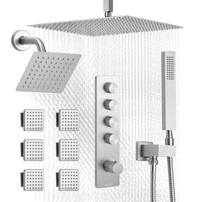 Thermostatic shower mixer set, ceiling rain system, brushed nickel