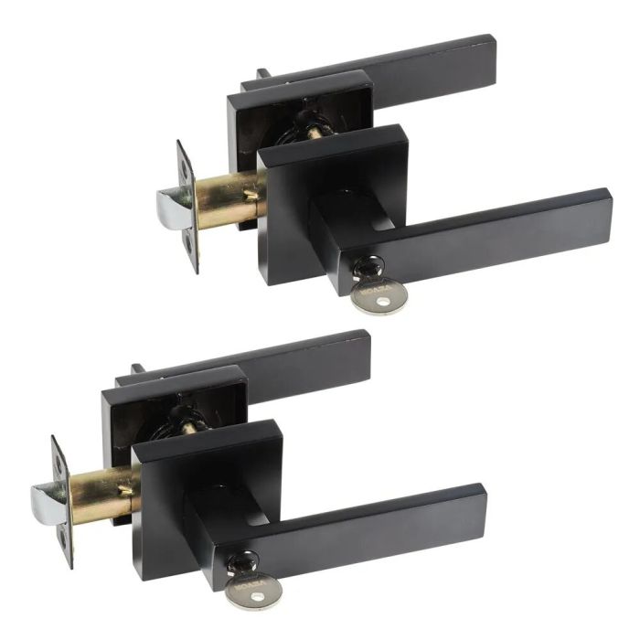 Modern black square door handle 2 pcs. with lock, interchangeable for right and left side