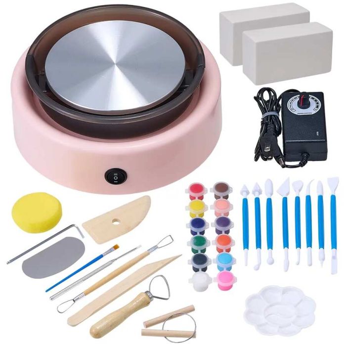 Mini electric pottery wheel, 158 mm, pink, with shaping tools