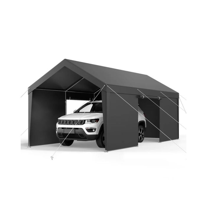 Carport 10x20 ft, gray, with door and side walls, waterproof and UV resistant