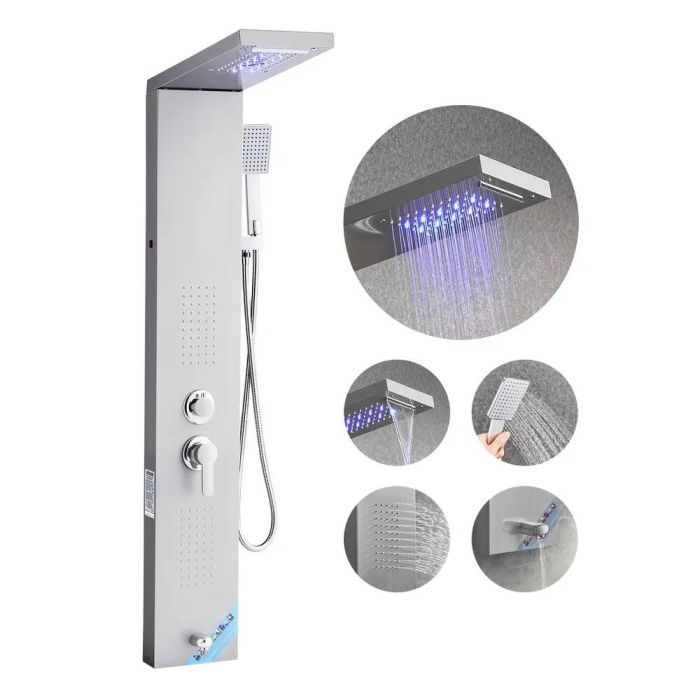 Shower panel tower, 53 inch stainless steel, LED, 5-function faucet, rain shower head