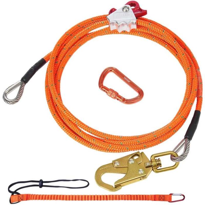 Folding 16mm steel core rope 3.6m with carabiners, 30kn arborist rope for tree climbing