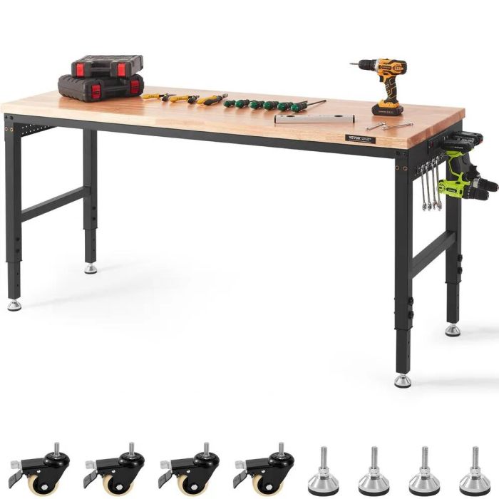 Adjustable workbench top, wooden, 72x25", with power outlets, 28-40" height