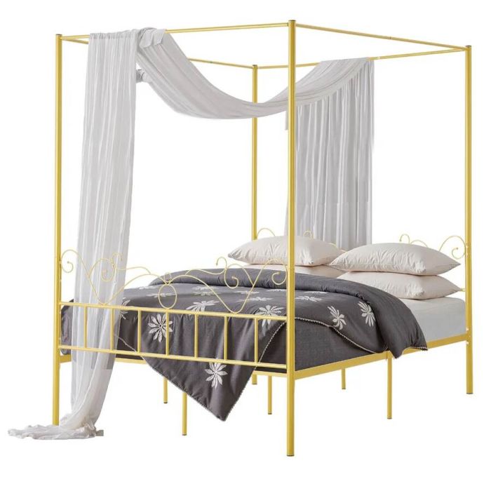 Double bed metal frame with canopy, gold color