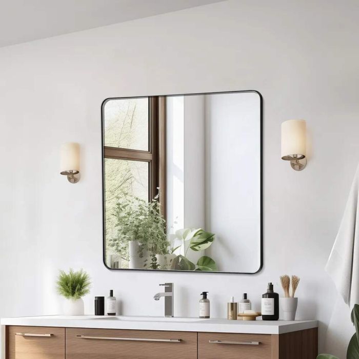 Wall-mounted makeup mirror, 36x36 inches, aluminum frame, scratch-resistant