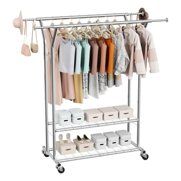 Rolling carbon steel clothes rack with 2 rods and shelves, 120 kg