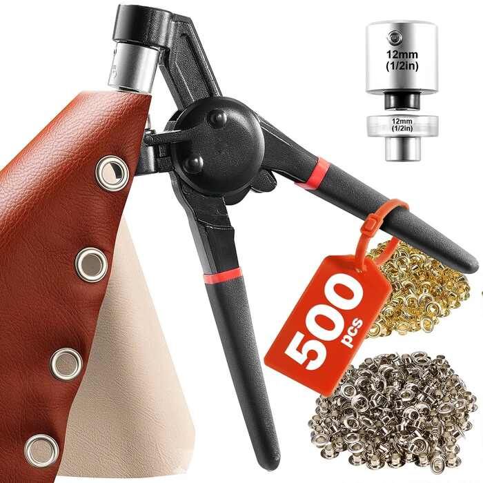 Ring grommets set 12 mm metal gold and silver eyelets 500 pcs. with crimping pliers