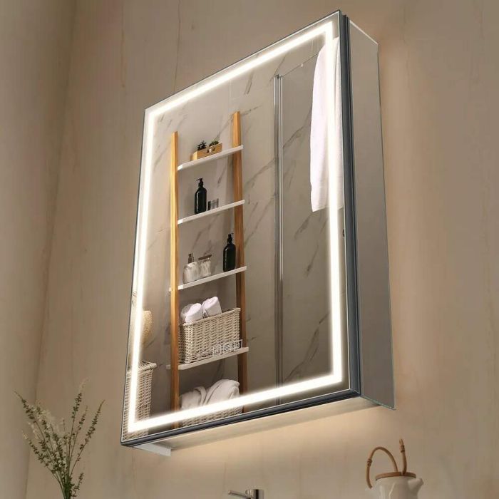 Podświetlana szafka na leki wpuszczana lub wisząca z lustrem, 50x70 cm, LED, ściemnialna